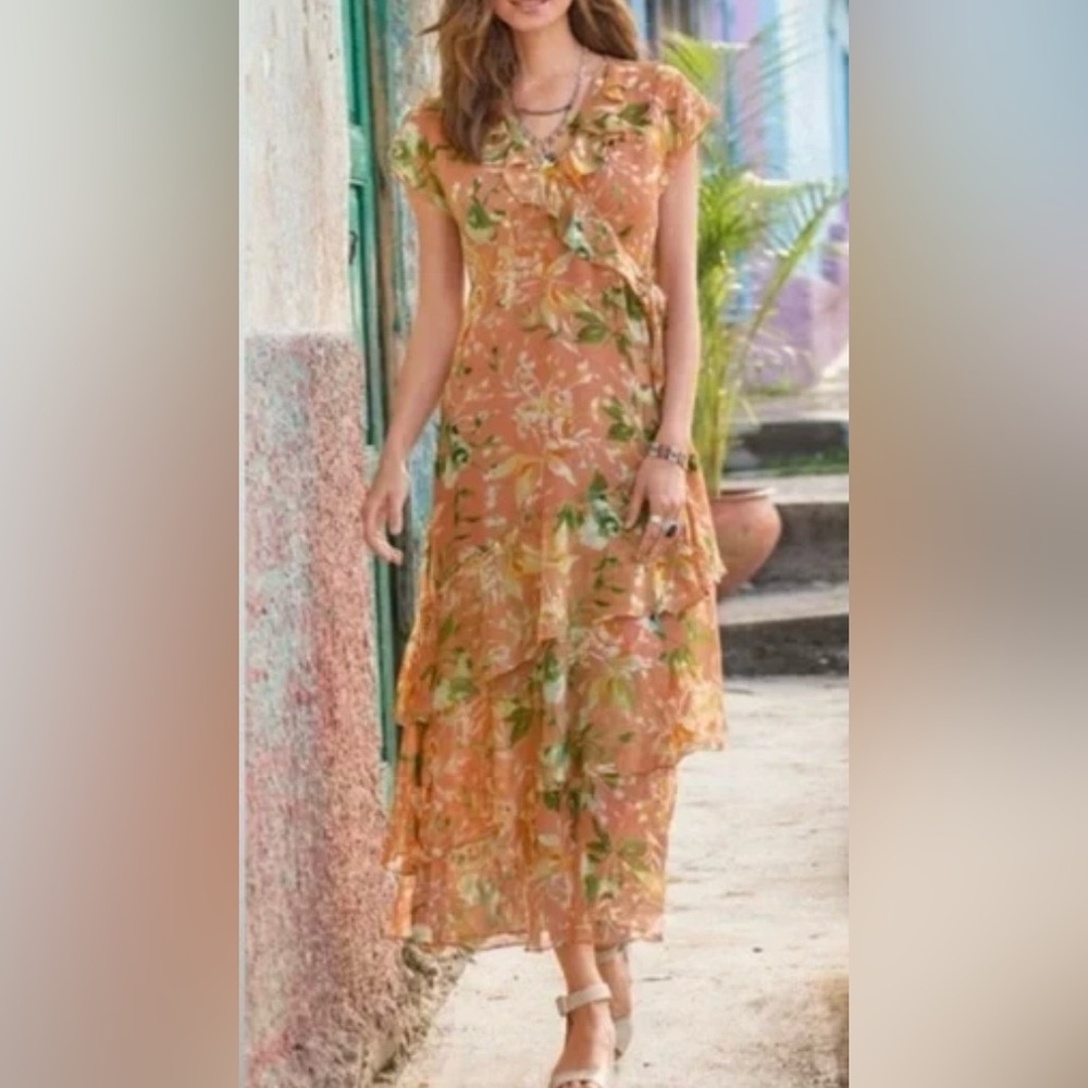 Sundance Victory Garden Floral Flounce tiered maxi dress 100% silk size 2P